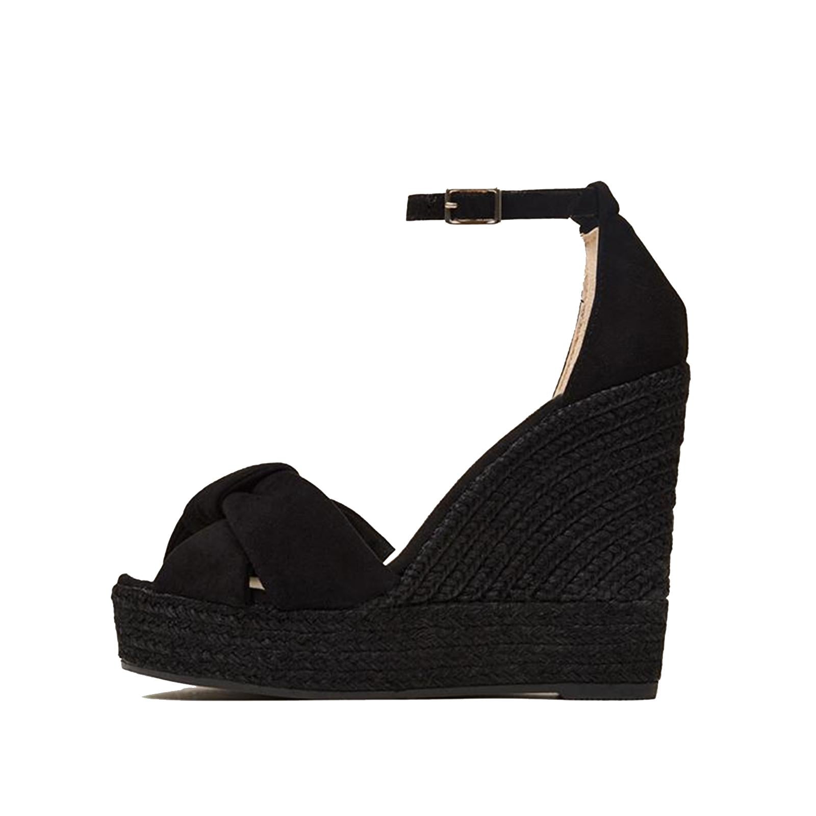 Faux Suede Knot Buckle Ankle Strap Round Raffia Platform Wedge Espadrilles Sandals