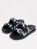 Black Vegan Leather Studded Double Buckle Open-toe Slip-on Flat Sandals With Two Bands