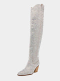 Silver Sparkly Rhinestone Round Toe Zipper Slanted Heel Western Over-Knee Tall Boots