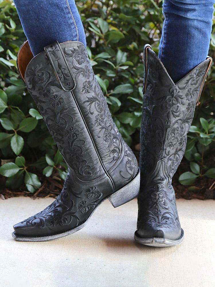 Black Embroidery Snip-toe Wide Mid-Calf Western Cowgirl Boots