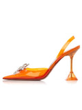 Orange Clear Rhinestone Bow Pointy Half Stiletto Half Flared Slingback Karma Pumps