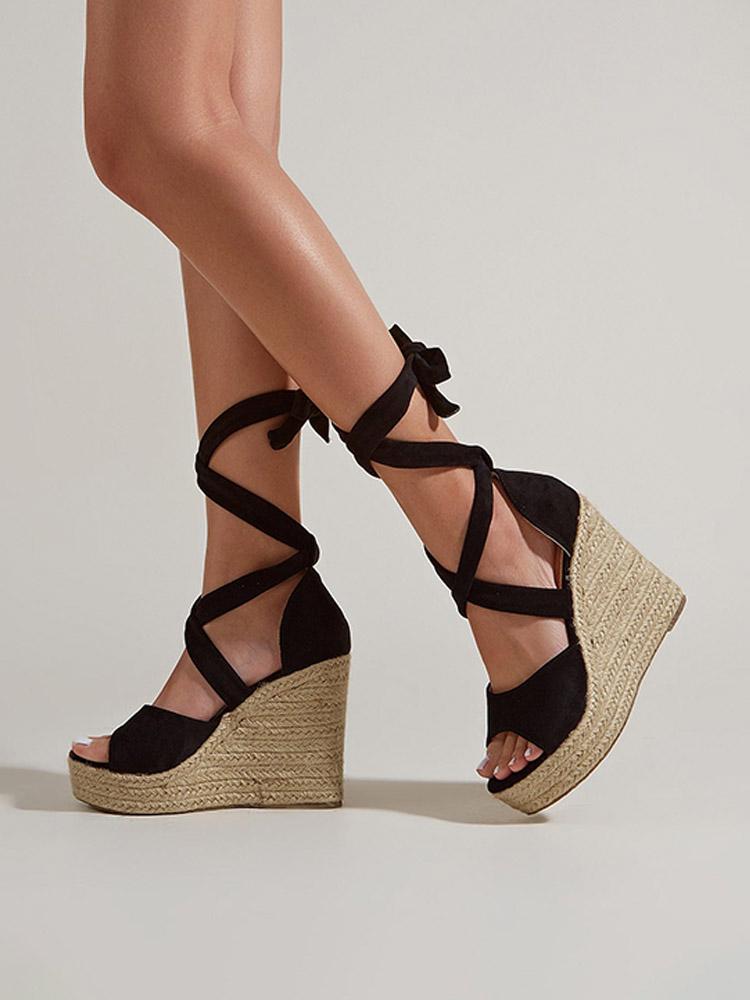 Cloth Single Band Open-toe Ankle Wrap Espadrille Wedge Sandals With Self-tie