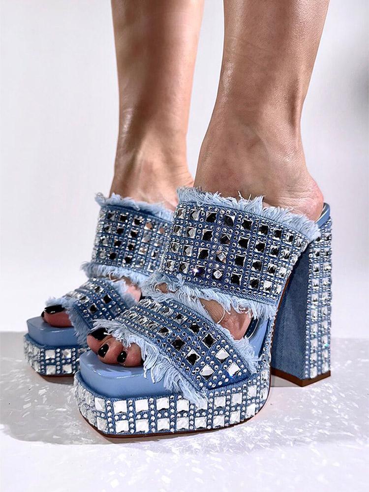 Square Rhinestones Frayed Open-toe Slip-on Denim Double Platform Sandals