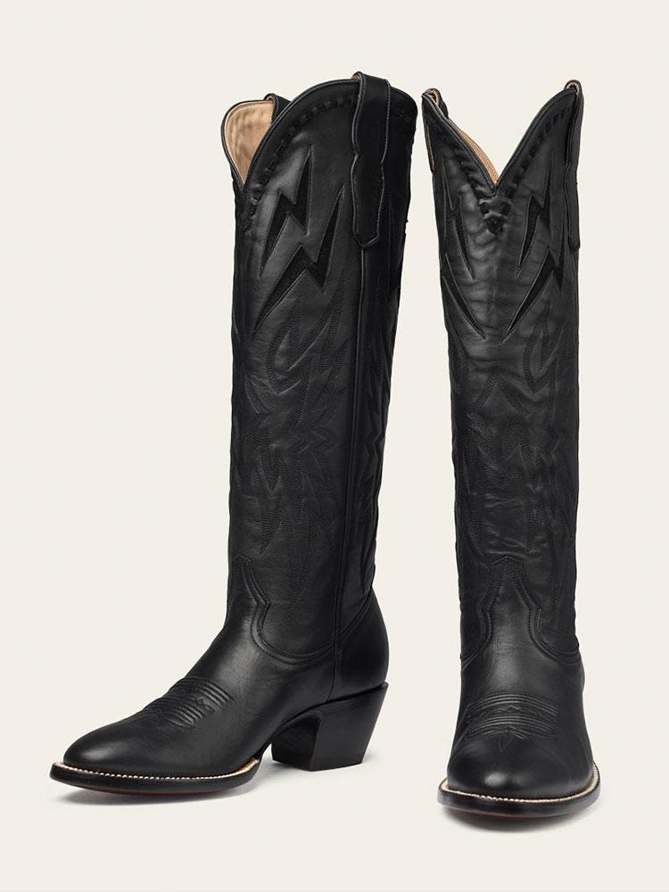 Black Inlay Lightning Embroidered Slip-On Knee High Boots Round Toe Heeled Cowgirl Boots