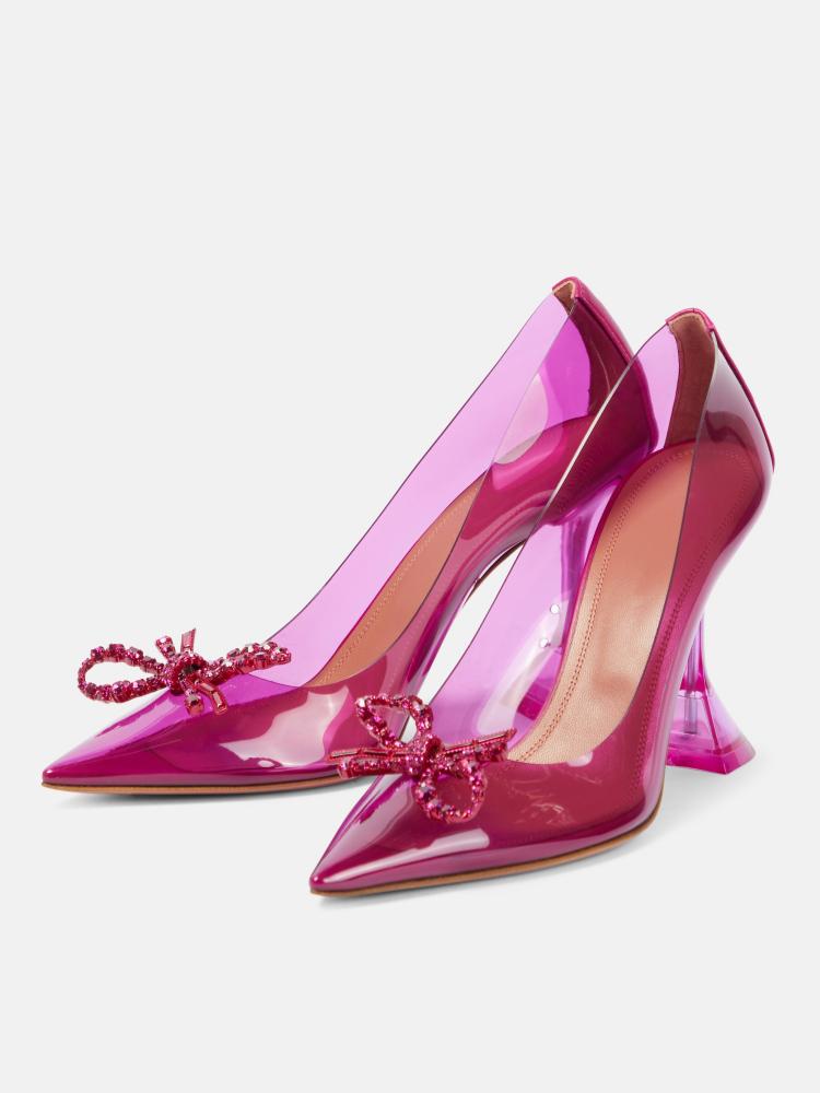 Fuchsia Pink Clear Rhinestone Bow Pointy Half Stiletto Half Flared Slip-On Karma Pumps