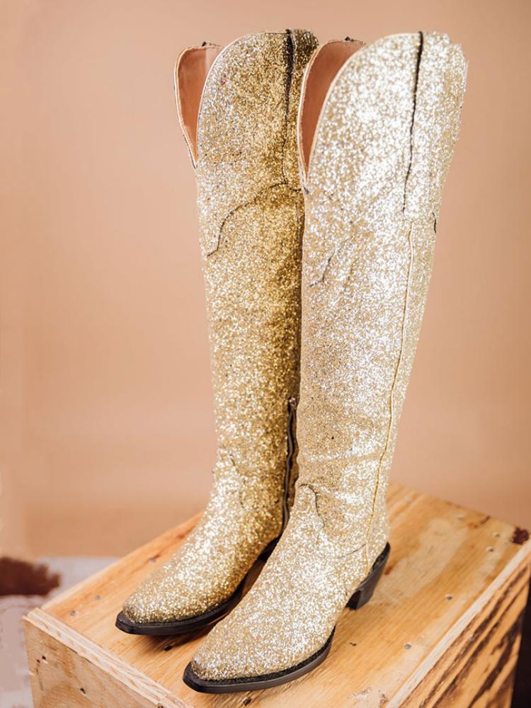 Glitter Snip Zipper Mid Calf Cowgirl Boots - Silver & Gold