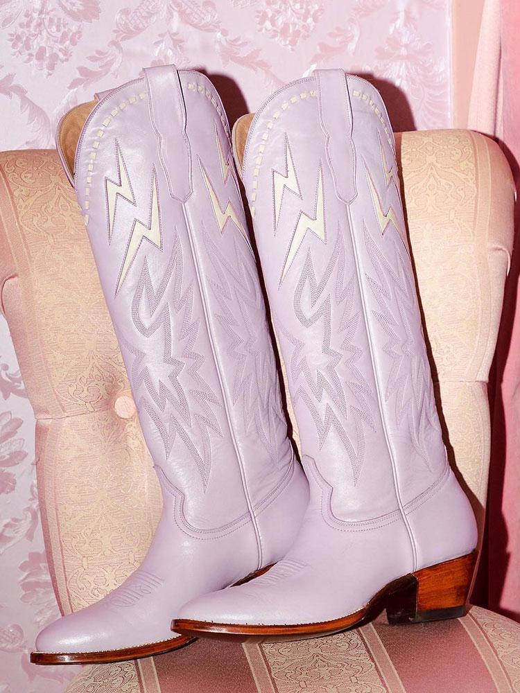 Lilac Purple Inlay Lightning Stitch Knee High Boots Slip-On Round Cowgirl Heeled Boots