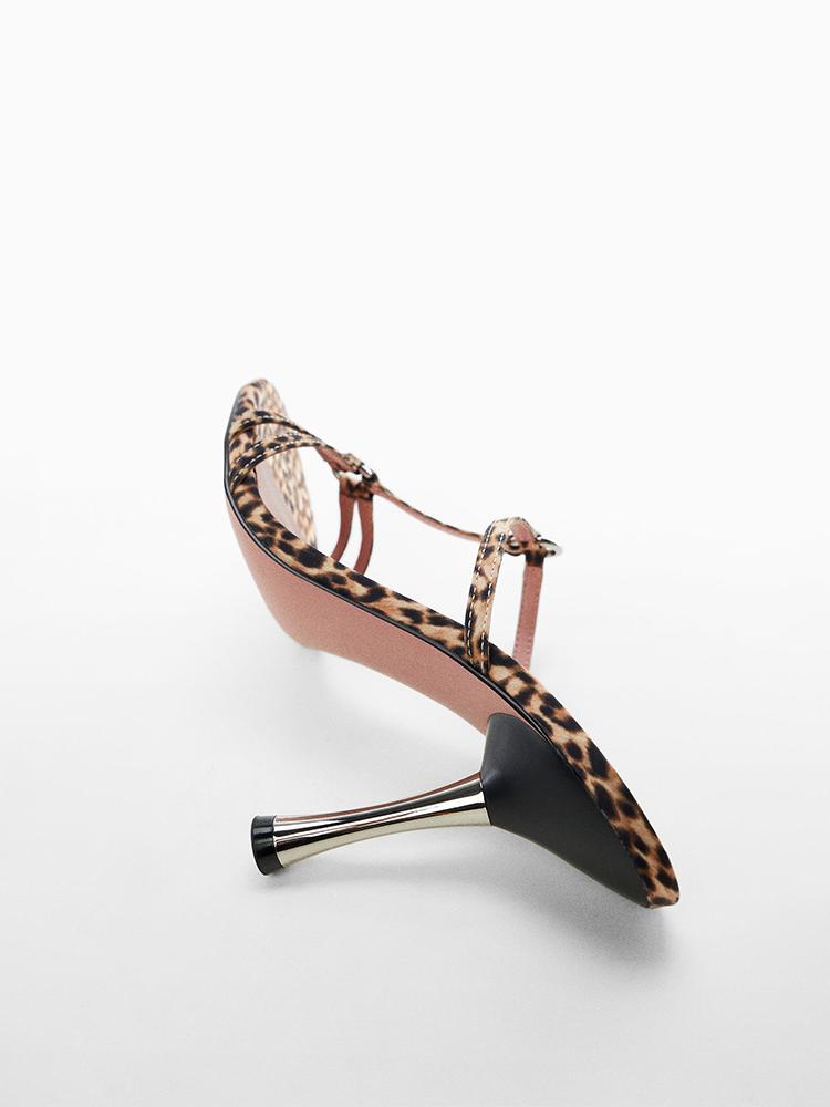 Leopard Print T-Strap Ring Backless Slip-On Round Flared Heeled Sandals