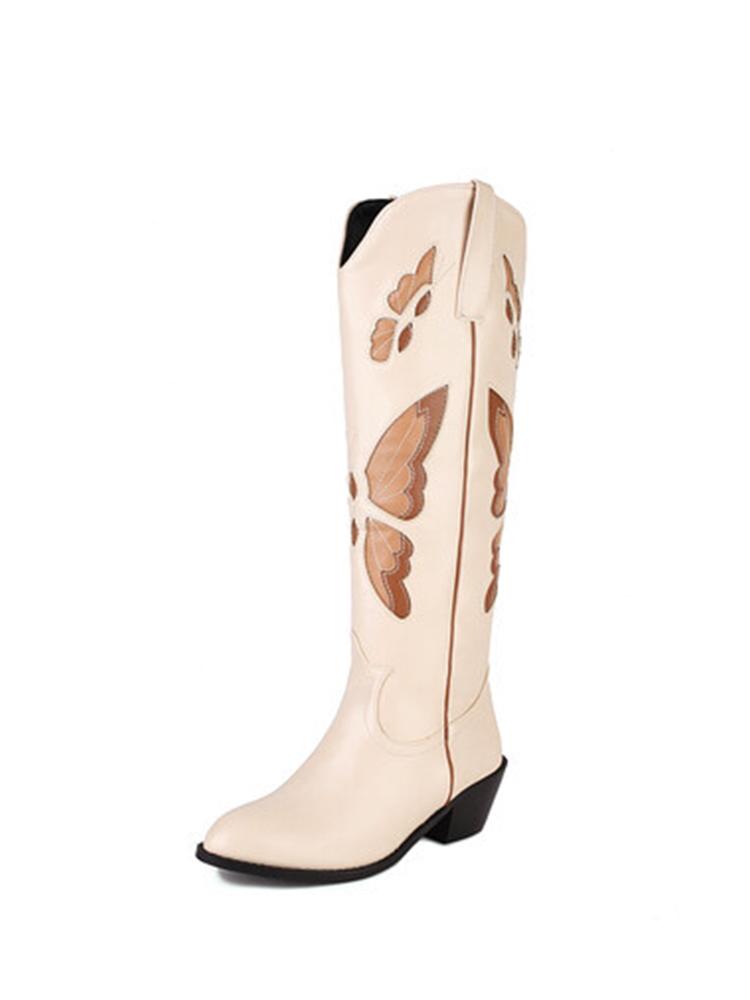 Butterfly Embroidery Pointed-toe Chunky Heels Wide Slip-on Knee High Cowgirl Boots