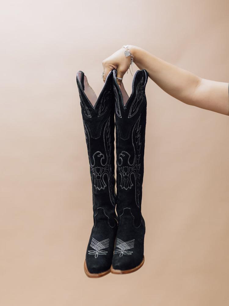 Black Faux Suede Eagle Embroidered Snip Zipper Mid Calf Cowgirl Boots