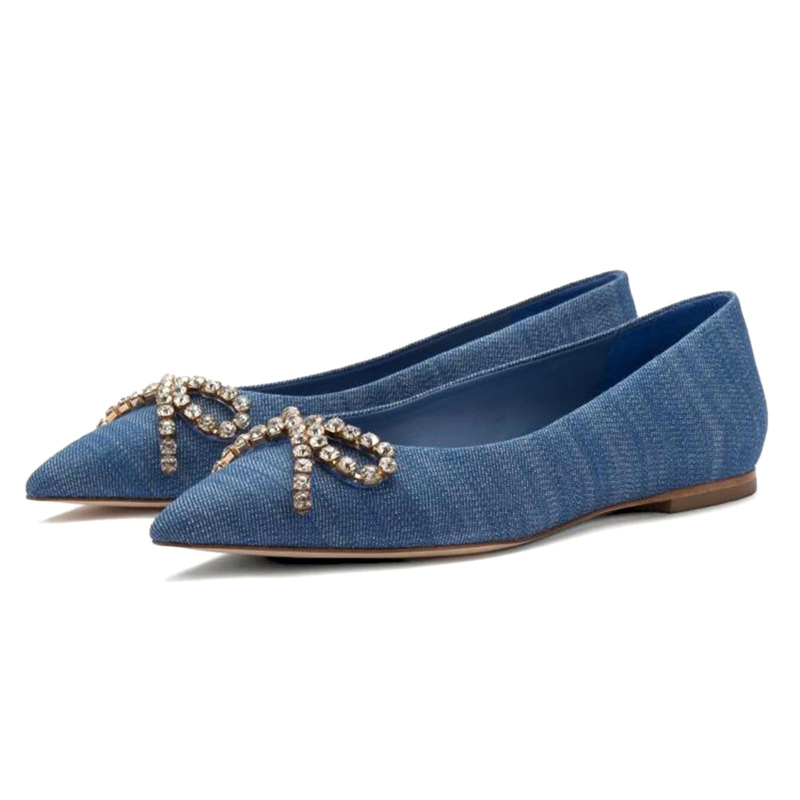 Blue Denim Rhinestone Bow Pointed Ballet Flats For Women