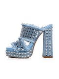 Square Rhinestones Frayed Open-toe Slip-on Denim Double Platform Sandals