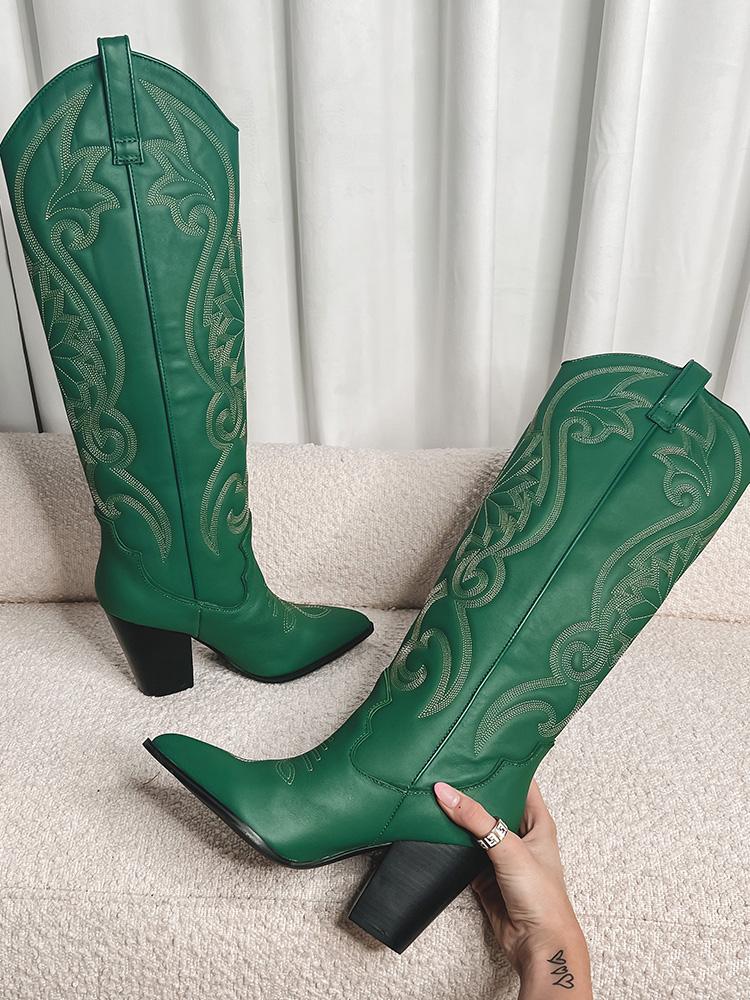 Green Vegan Leather Embroidered Pointed-toe Chunky Heel Wide Slip-on Western Boots For Women