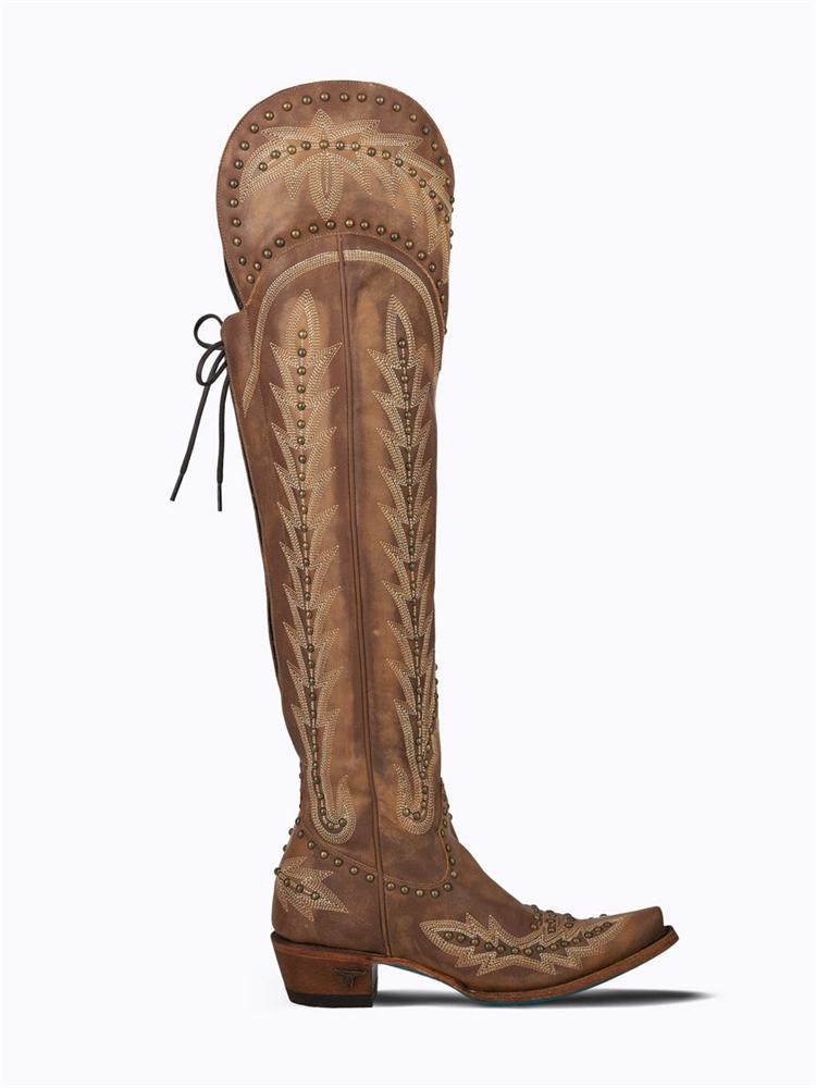 Bronze Grass Embroidered & Studded Zip Lace-Up Snip Toe Knee-High Western Boots