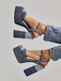 Blue Denim Patchwork Platform Chunky Heeled Sandals With Square Toe Buckle Ankle Strap