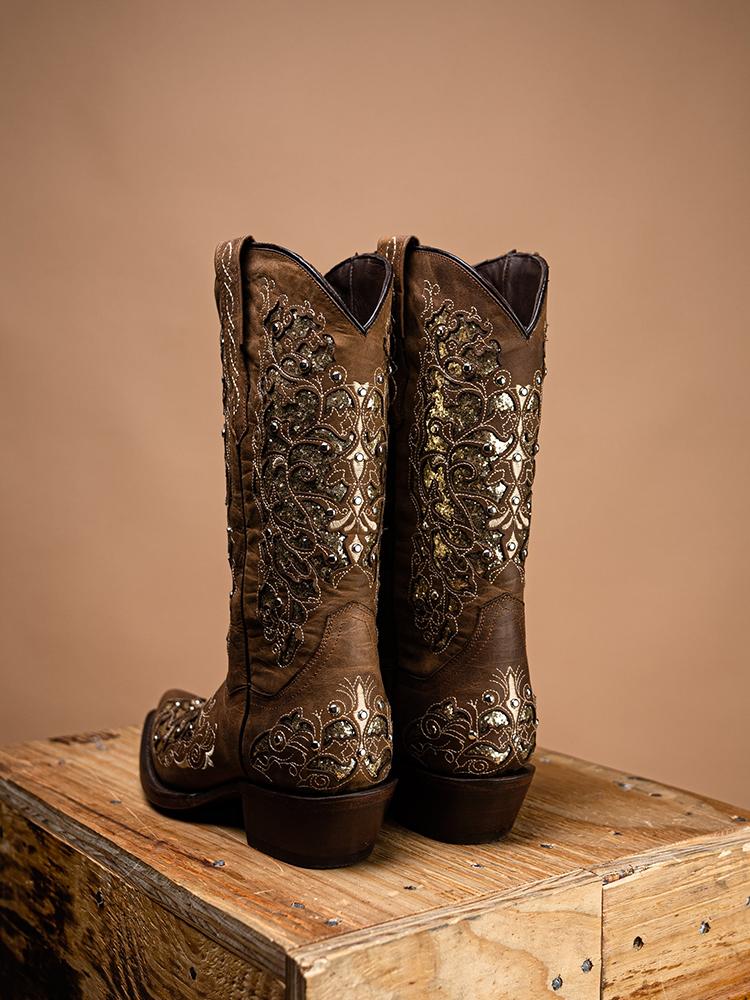 Filigree Cutout Embroidered Sparkling Inlay Stud Snip Wide Mid Calf Cowgirl Genuine Leather Boots