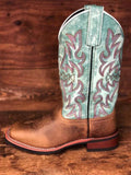 Brown Vegan Leather Patchwork Embroidery Square-toe Slip-on Mid-Calf Western Cowgirl Boots