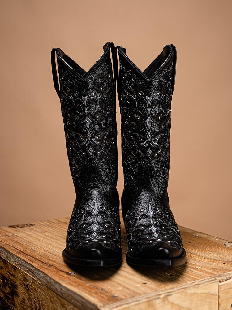 Filigree Cutout Embroidered Sparkling Inlay Stud Snip Wide Mid Calf Cowgirl Genuine Leather Boots