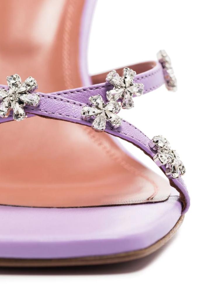 Crystal Embellished Flower Cross-Strap Slip-on Part-Stiletto Part-Flared Heel Square-Toe Sandals