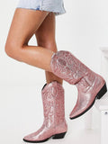 Pink Glitter Embroidered Cowgirl Wide Mid Calf Boots Block Heeled Western Boots
