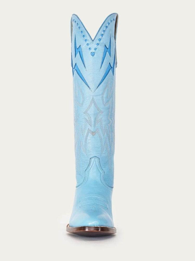 Powder Blue Inlay Lightning Knee High Boots Stitch Slip-On Round Cowgirl Heeled Boots