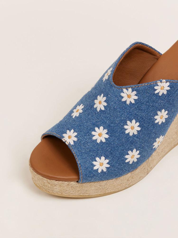 Denim Blue Daisy Embroidered Round Single Band Backless Slp-On Raffia Wdege Espadrilles Sandals