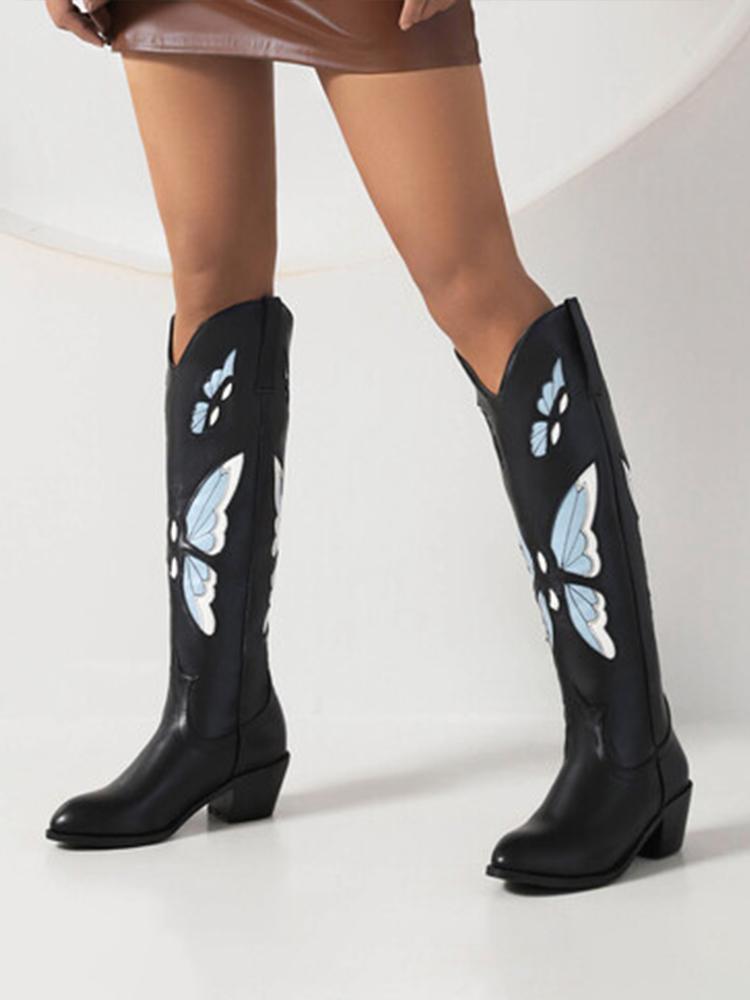 Butterfly Embroidery Pointed-toe Chunky Heels Wide Slip-on Knee High Cowgirl Boots