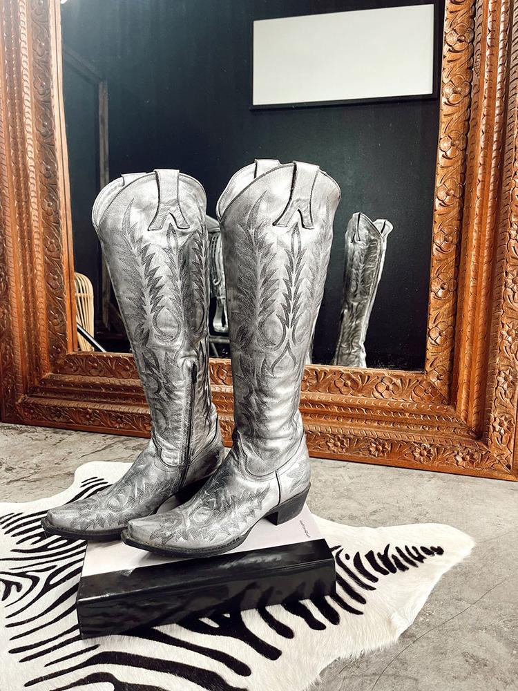 Embroidered Zip Snip Knee High Western Boots - Distressed White & Metallic Silver