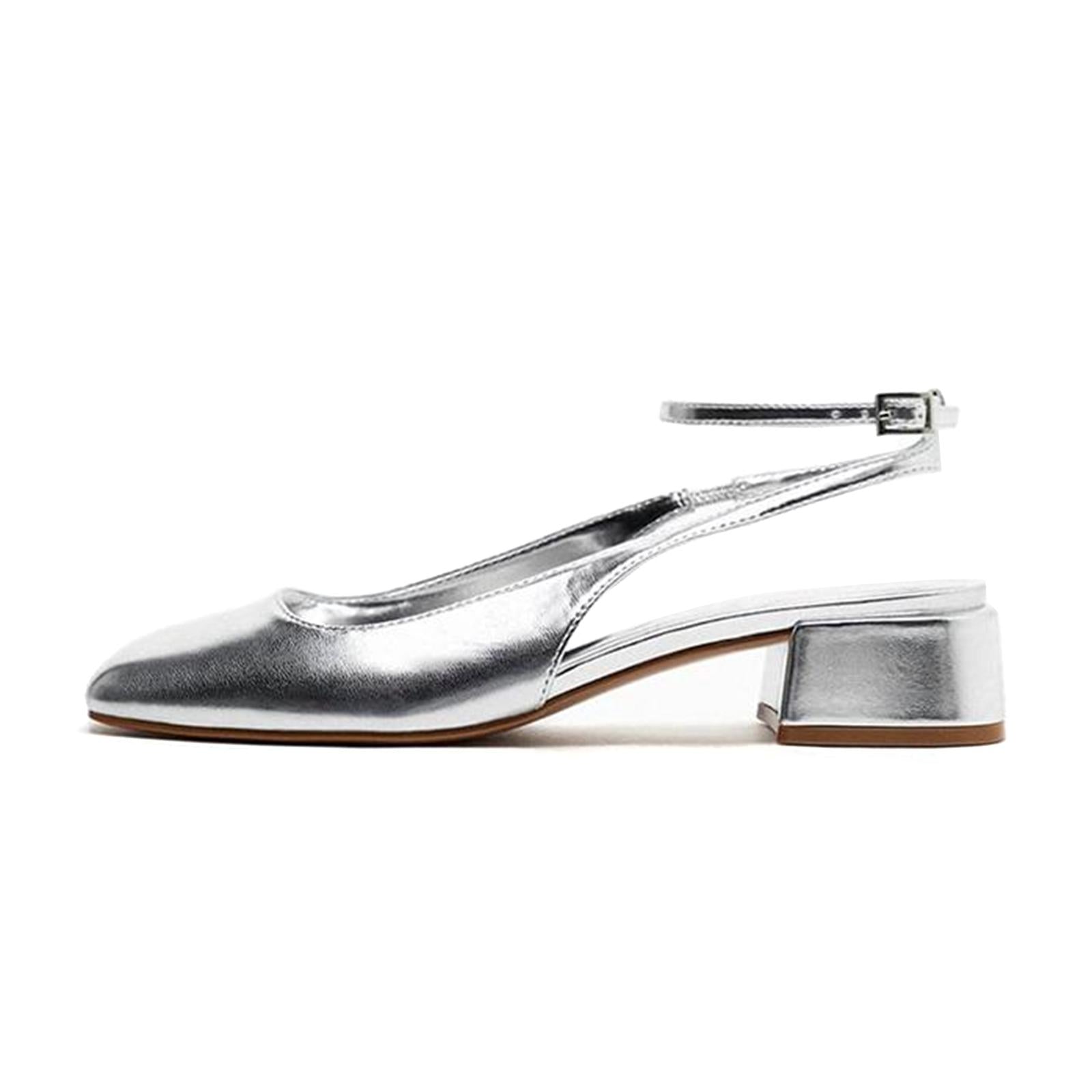 Metallic Silver Square Toe Ankle Buckle Strap Slingback Chunky Pumps