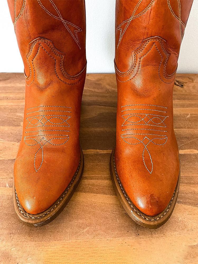 Brown Embroidered Pointed-toe Chunky Heels Wide Slip-on Mid-Calf Women Cowboy Boots