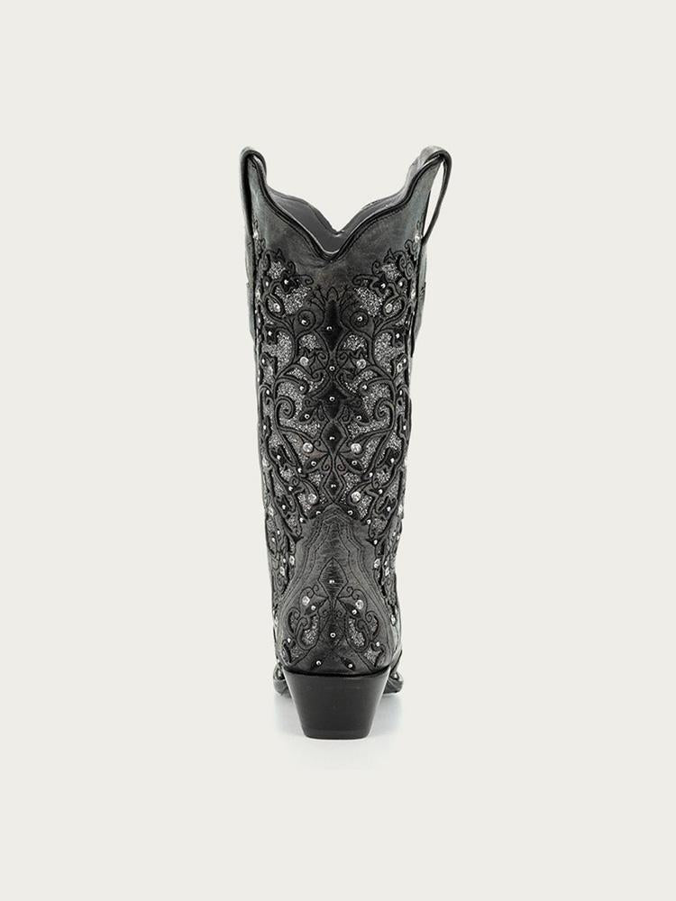 Rhinestones Cut-out Embroidery Snip-toe Wide Calf Cowgirl Boots