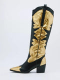 Metallic Gold Cowgirl Knee-High Boots Wide Calf Block High Heel Western Tall Boots