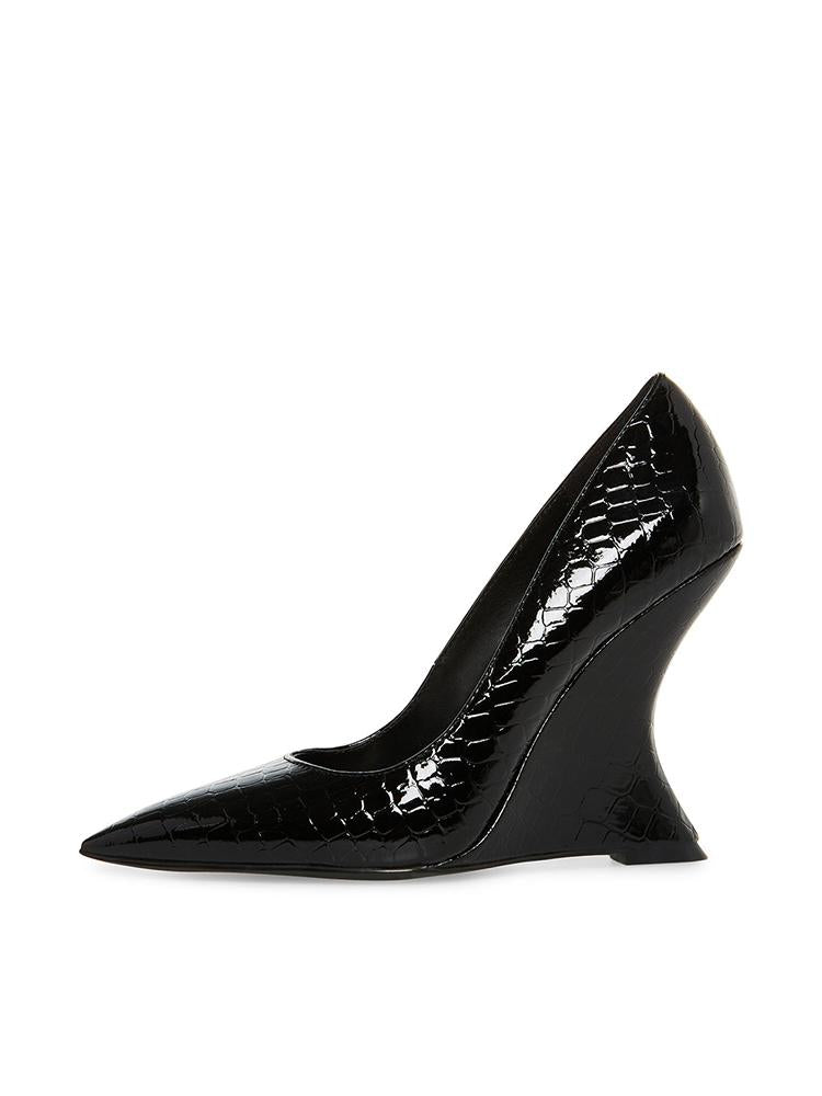 Metallic Crocodile Pointy Curved Wedge Slip-On Pumps