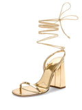 Metallic Gold Lace Up Gladiators Square Toe Block Heeled Sandals