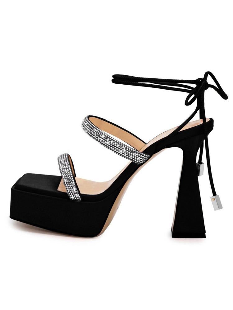 Rhinestone Square-toe Two Bands Chunky High Heel Fashion Platform Sandals With Self-tie