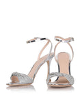 Metallic Silver Rhinestone Twist Strap Flared Heel Dress Sandals With Buckle Ankle Strap