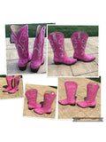 Pink Embroidered Crystal Rhinestone Square Toe Mid Heel Western Mid Calf Boots