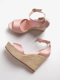 Light Pink Satin Cross Bands Open-toe Buckle Ankle Strap Espadrille Wedge Sandals