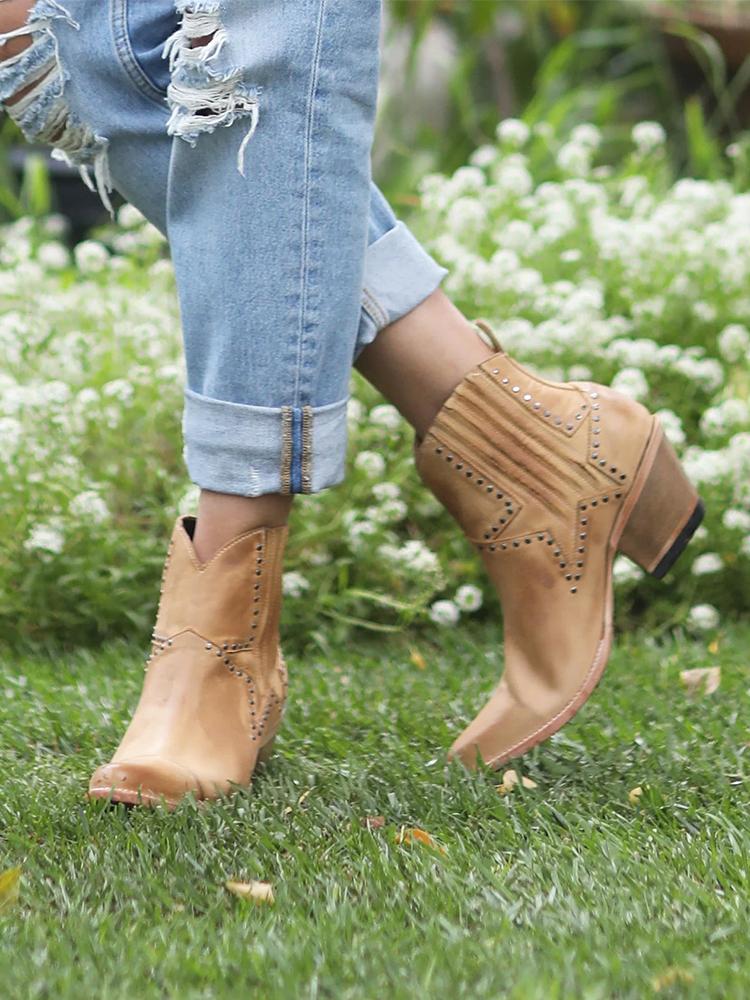 Khaki Elastic Star Studs Pointed-toe Ankle Cowgirl Boots