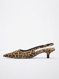 Leopard Faux Fur Pointy Slingback Kitten Heeled Pumps For Women