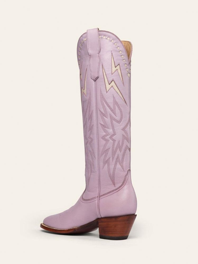 Lilac Purple Inlay Lightning Stitch Knee High Boots Slip-On Round Cowgirl Heeled Boots