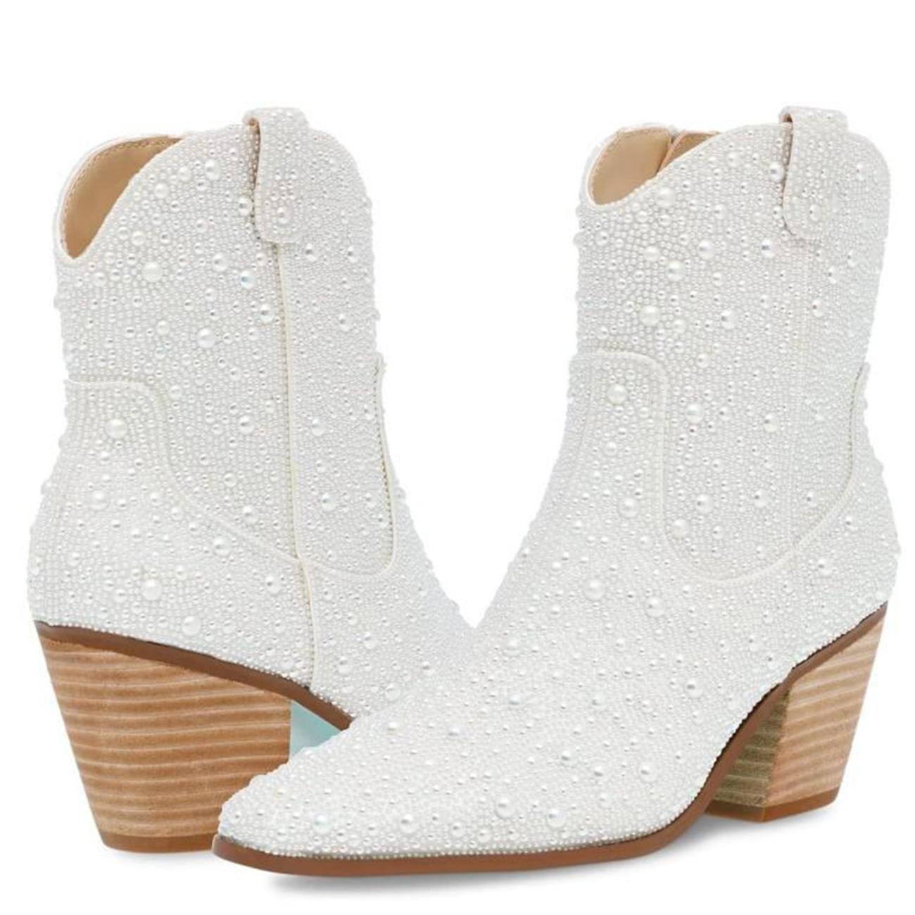 White Rhinestone Cowgirl Ankle Boots Block Heeled Western Booties