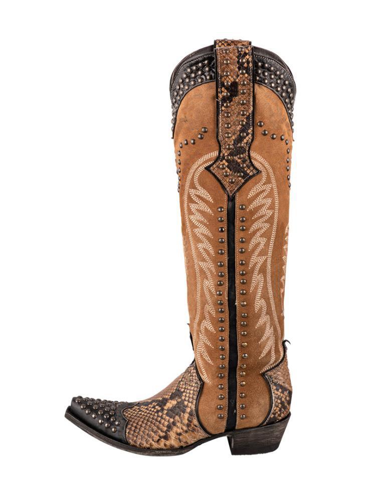 Contrast Tawny Black Snakeskin Faux Suede Stud Stitch Knee High Cowgirl Boots With Zip Snip Toe