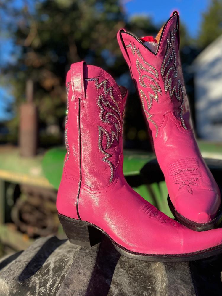 Pink Rhinestone Snip Toe Slanted Heel Cowgirl Mid Calf Boots