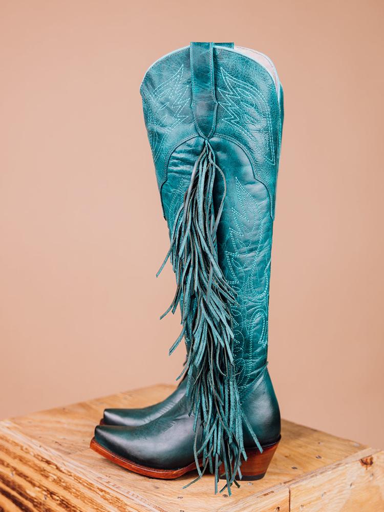 Eagle Wing Embroidered Fringe Snip Zip Knee High Western Boots