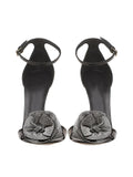 Black Sparkly Rhinestone Rose Floral Applique Round Stiletto Heeled Sandals With Buckle Ankle Strap