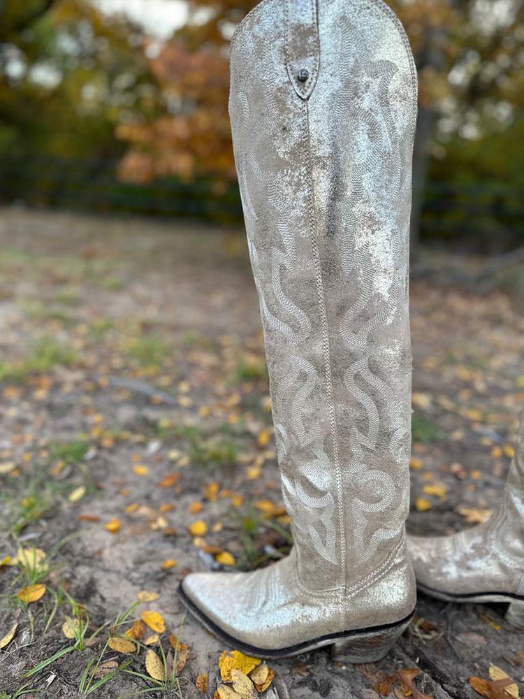 Metallic Silver Embroidered Pointy Zipper Knee High Western Boots