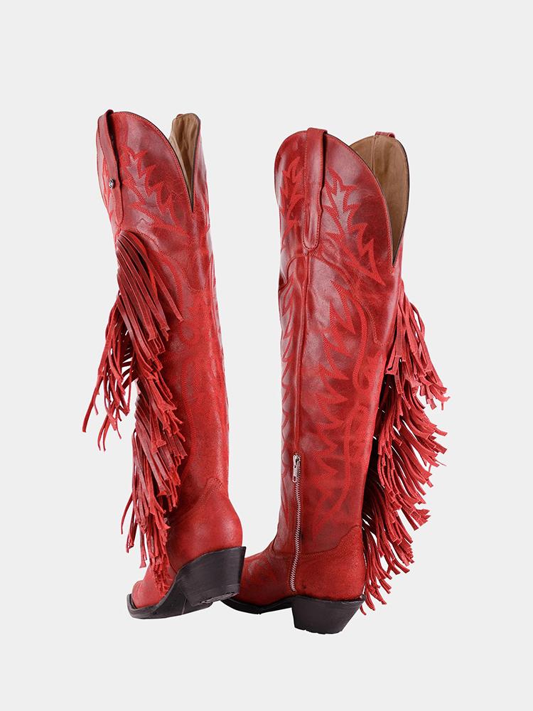 Red Fringe Embroidered Snip Zipper Knee High Cowgirl Boots