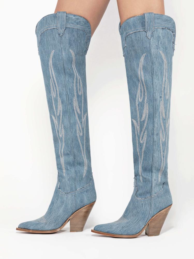 Denim Embroidered Chunky Heel Zipper Western Over-The-Knee Boots