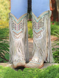 Studs Embroidered Snip-toe Slip-on Mid-Calf Western Cowboy Boots With Fringe